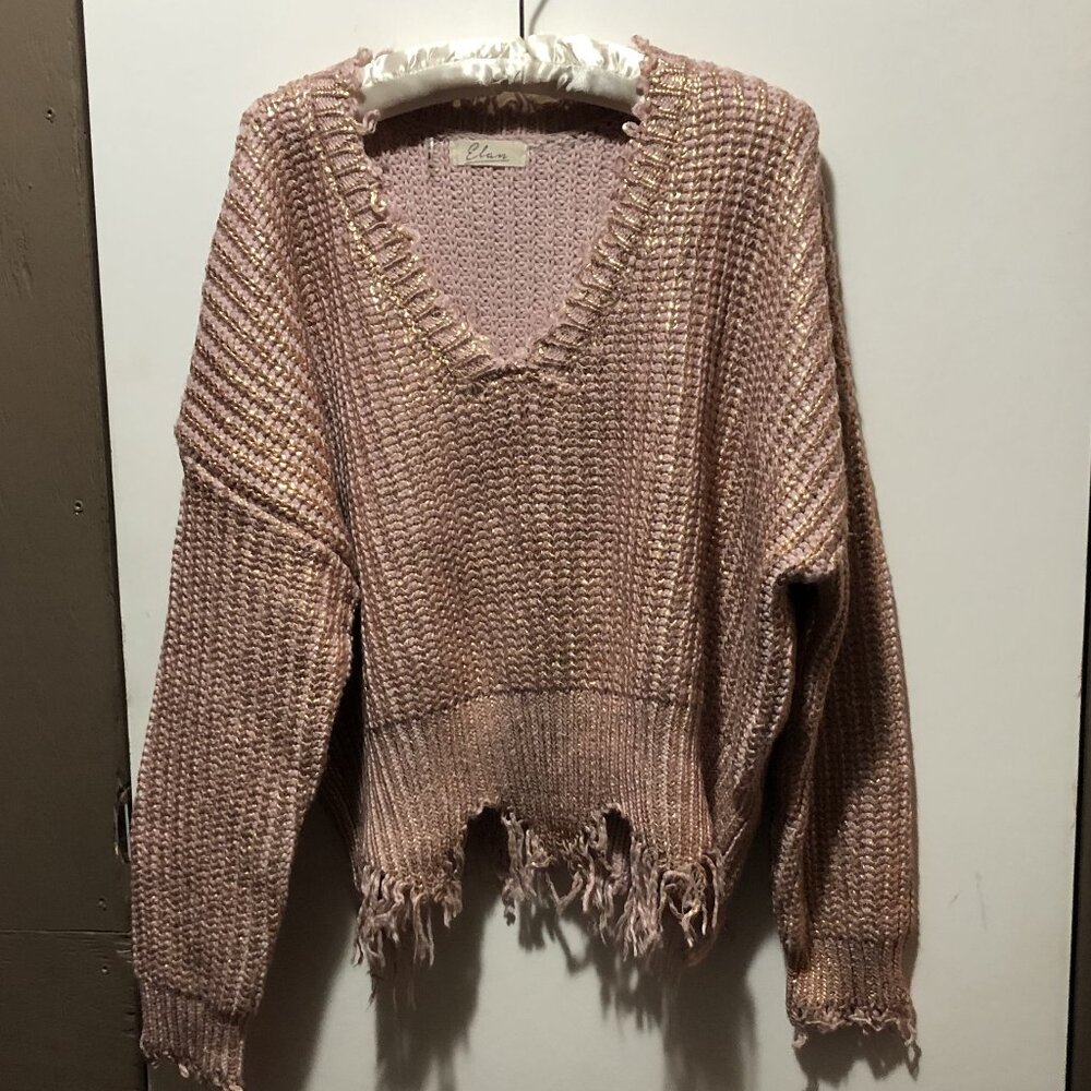 Elan Pink and Rose Gold Frayed Raw Hem Knit Sweater, Size S